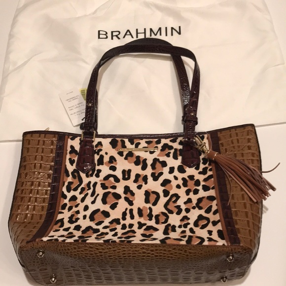 NWT BRAHMIN MEDIUM ASHER TAN CAPELLA GENUINE LEATHER LEOPARD BAG PURSE SATCHEL - Picture 2 of 16